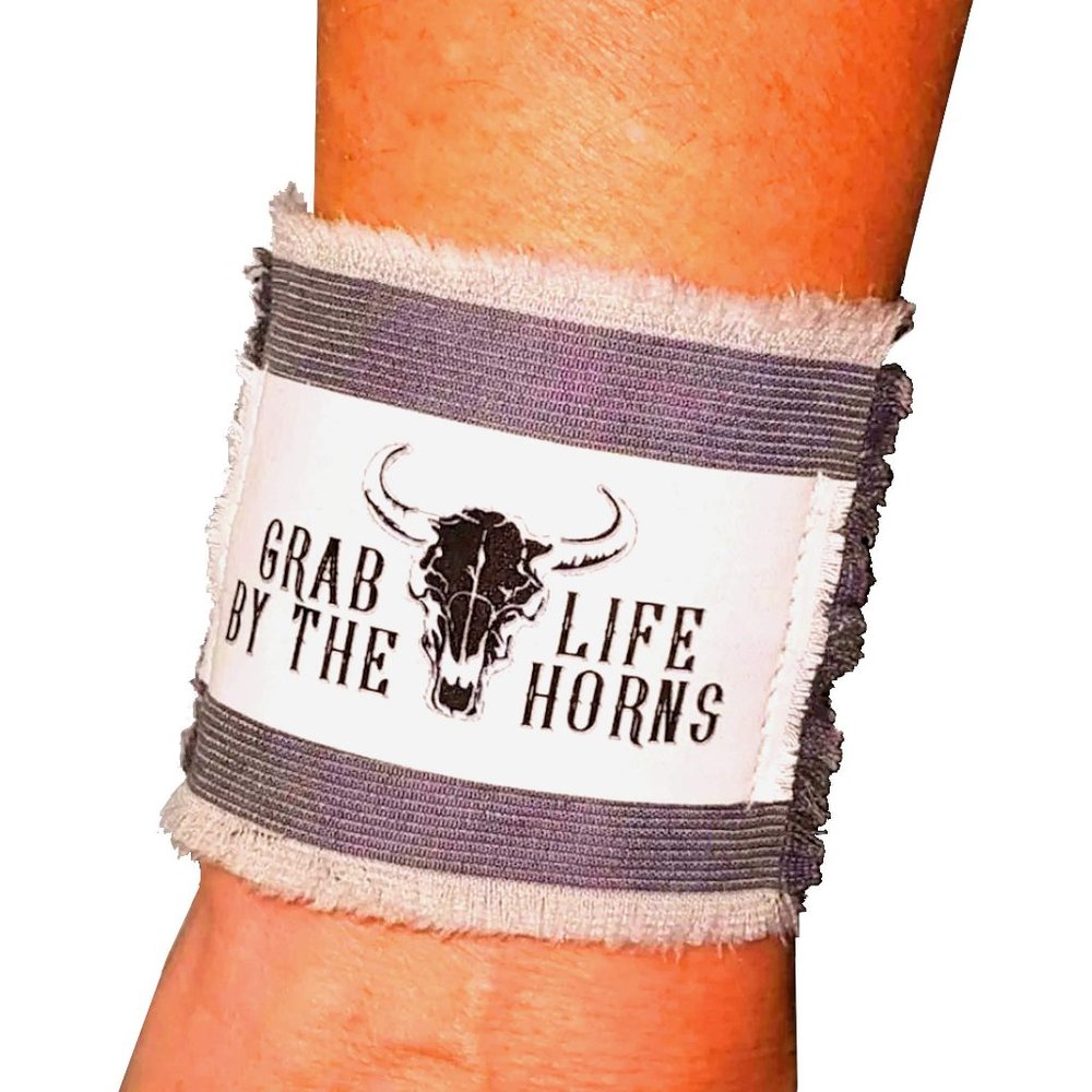 Grab Life By The Horns Wide Fabric Bracelet Cuff Longhorn Bull Skull Rodeo Gift